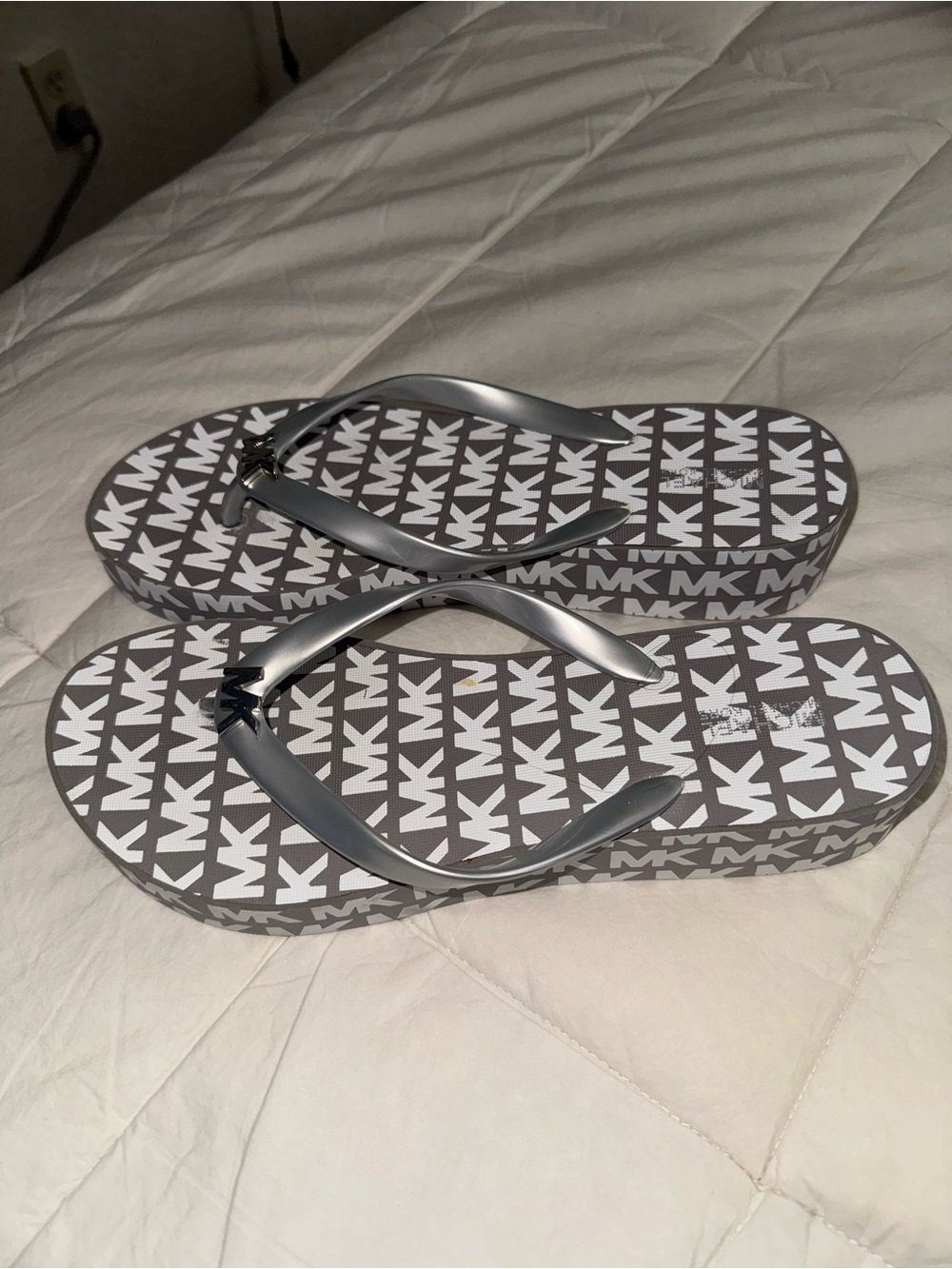 Michael Kors Gray Logo Flip Flop Sandals with Silver Straps
